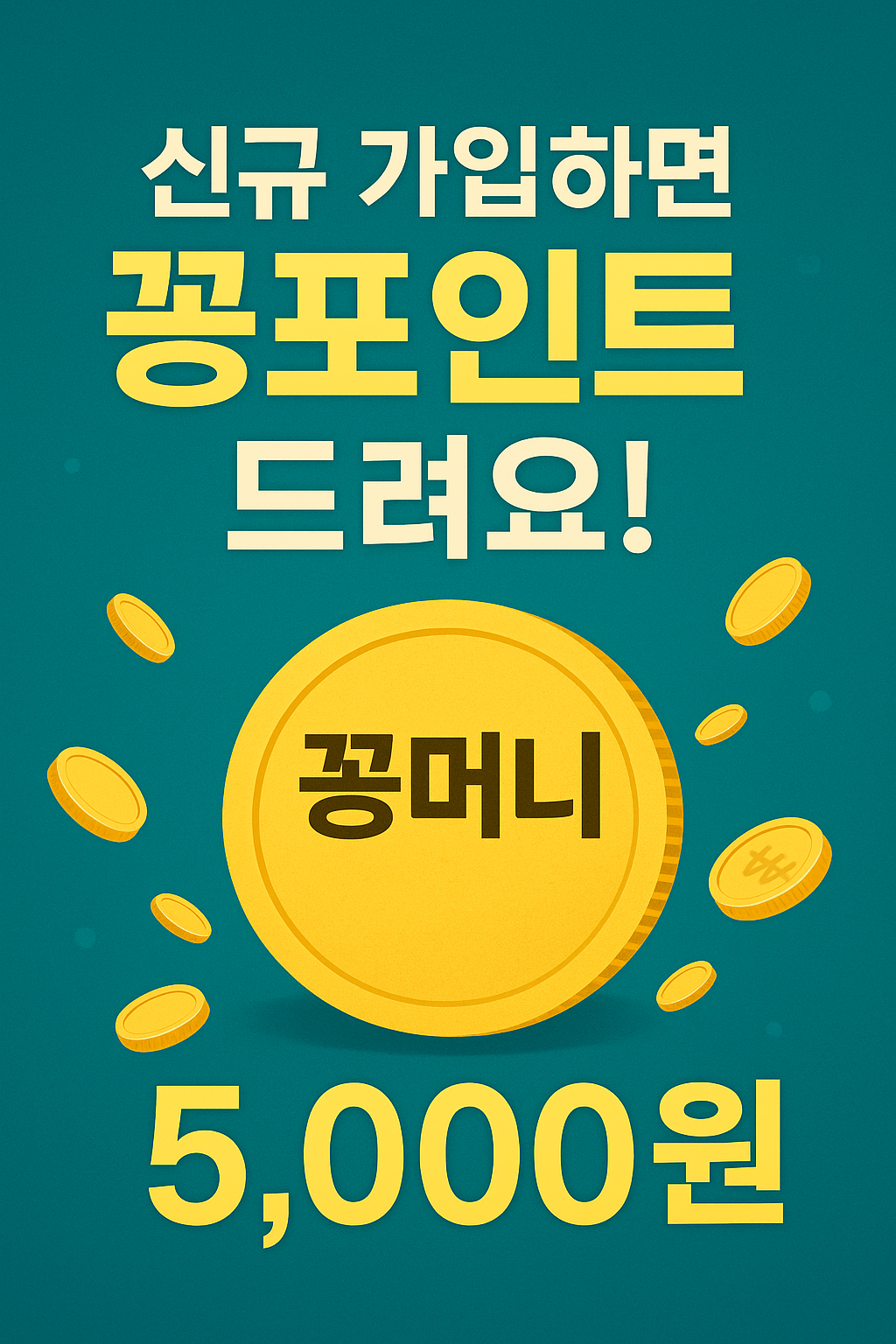신규 가입 시 꽁포인트 5,000원 지급 안내 이미지 – 중앙에 금색 동전과 '꽁머니' 텍스트 포함