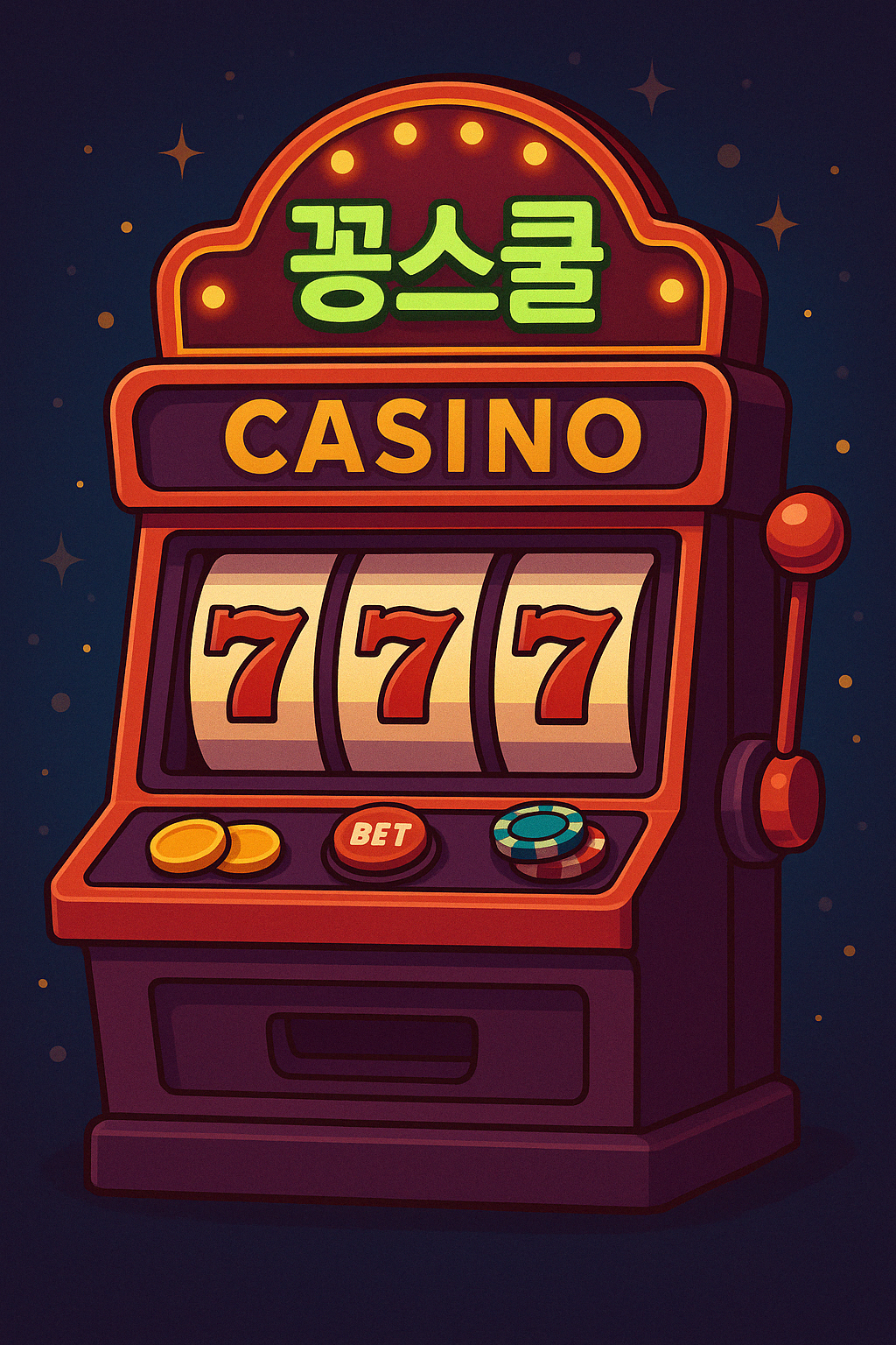 ‘꽁스쿨’ 간판이 밝게 빛나는 슬롯머신 일러스트 – 777 잭팟이 나온 디지털 슬롯 화면과 카지노 분위기를 표현한 이미지