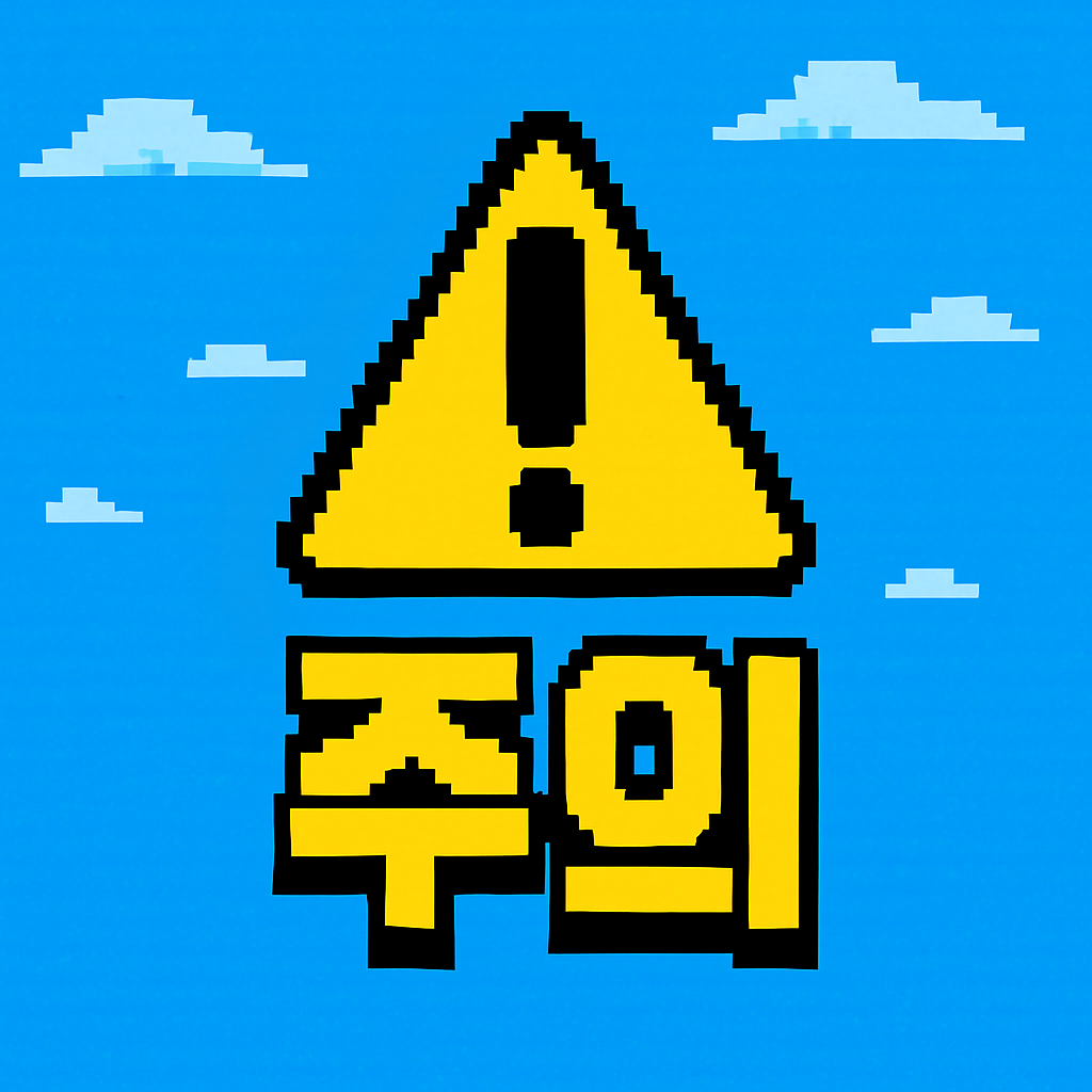 파란 하늘 배경 위에 픽셀 스타일로 표현된 노란색 경고 삼각형과 '주의'라는 굵은 글자가 함께 배치된 이미지