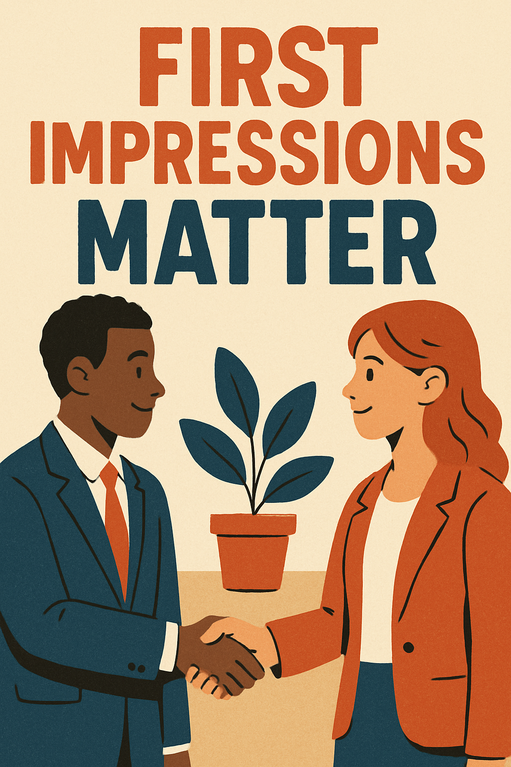첫인상의 중요성을 강조하는 포스터 – 정장을 입은 남녀가 웃으며 악수하는 장면과 'FIRST IMPRESSIONS MATTER' 문구