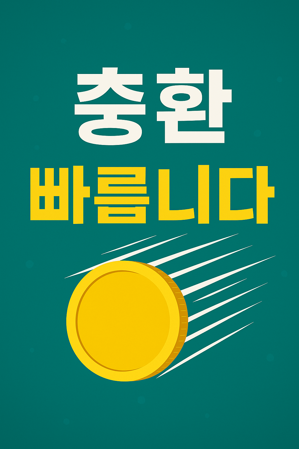 충환 빠릅니다 문구가 강조된 이미지 – 빠르게 이동하는 금색 동전과 함께 속도감을 표현한 그래픽