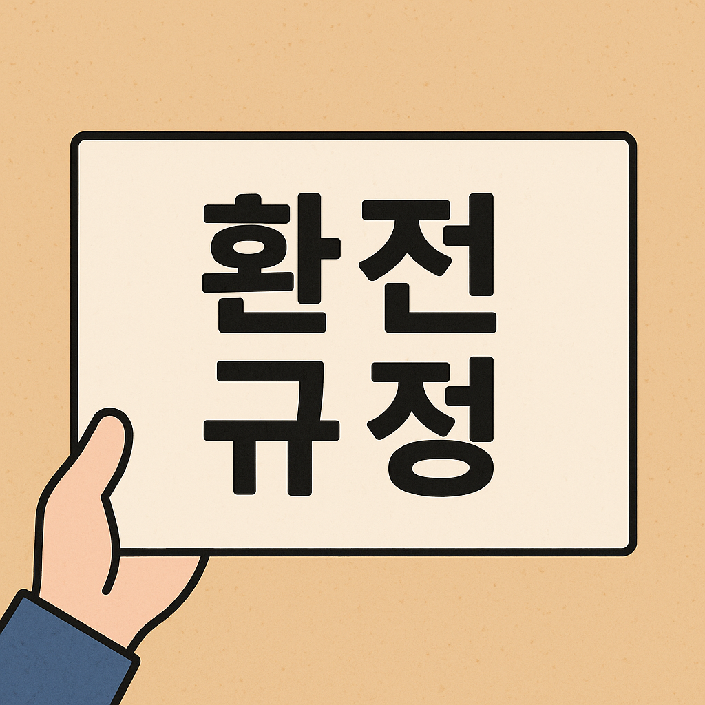 환전 규정이라는 문구가 적힌 팻말을 손에 들고 있는 일러스트 – 베이지색 배경에 검정 테두리의 흰 팻말과 파란색 소매를 입은 손이 강조된 장면