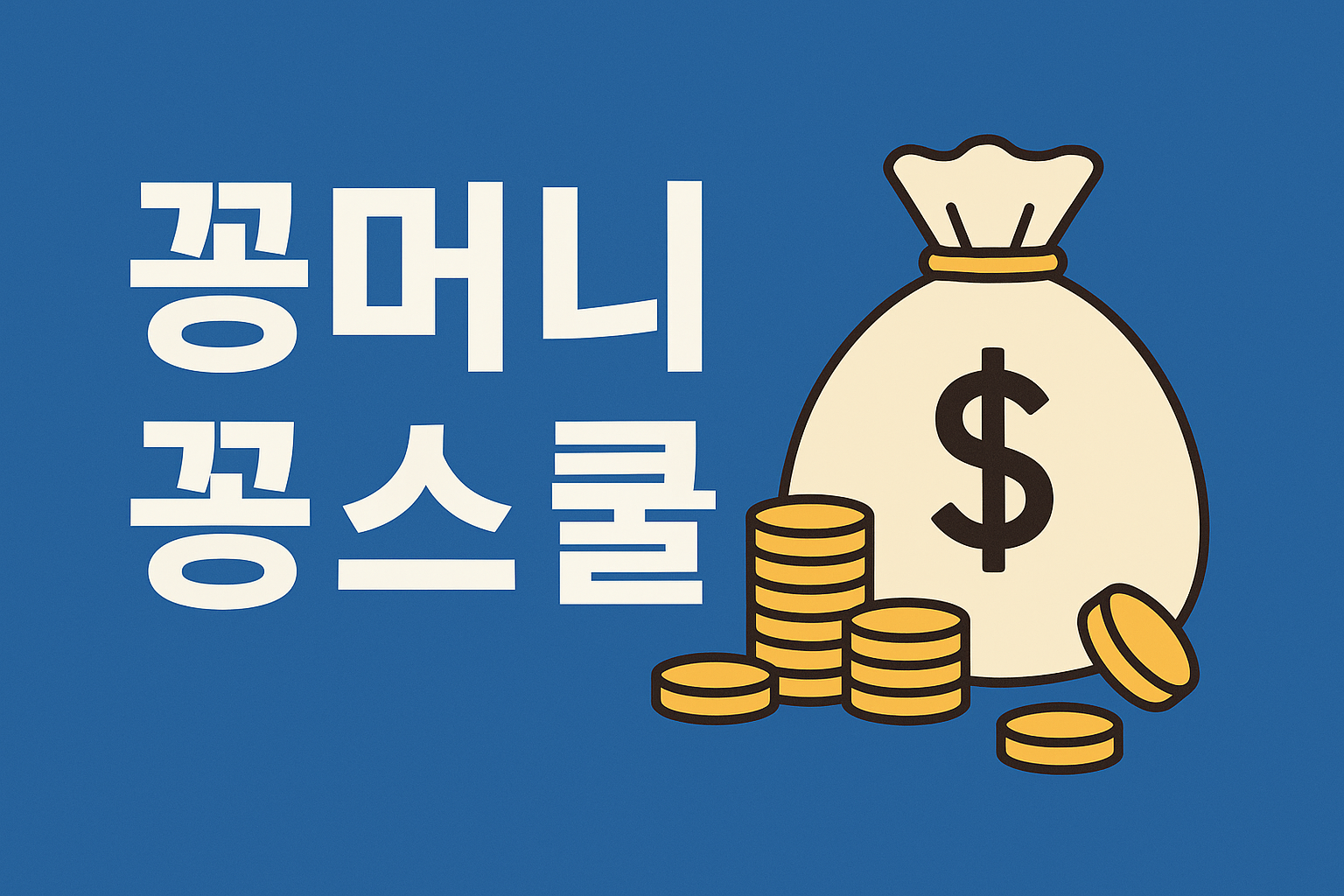 “꽁머니 꽁스쿨”이라는 한글 문구와 함께, 돈 자루와 금화 더미가 함께 그려진 일러스트 이미지