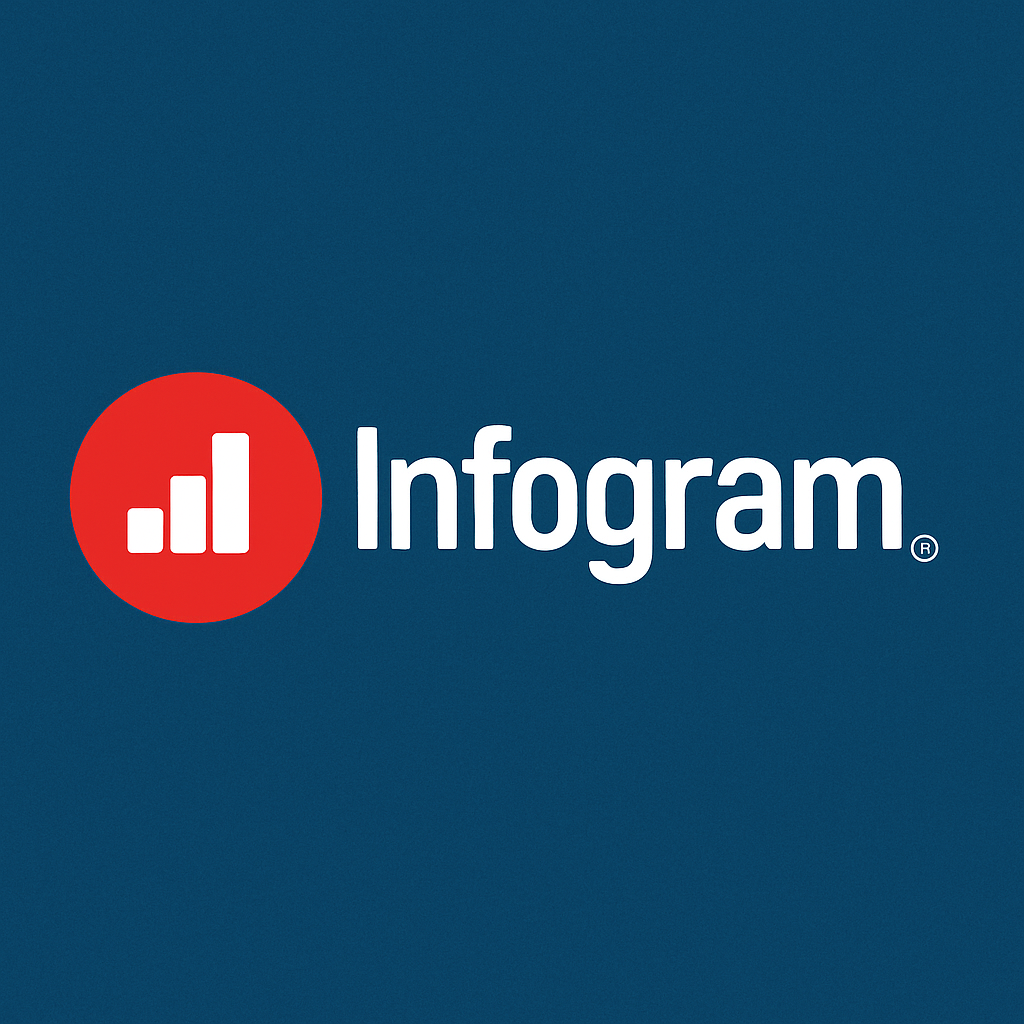 인포그램 Infogram 로고, 빨간 원 안에 흰색 막대 그래프 아이콘과 Infogram 텍스트