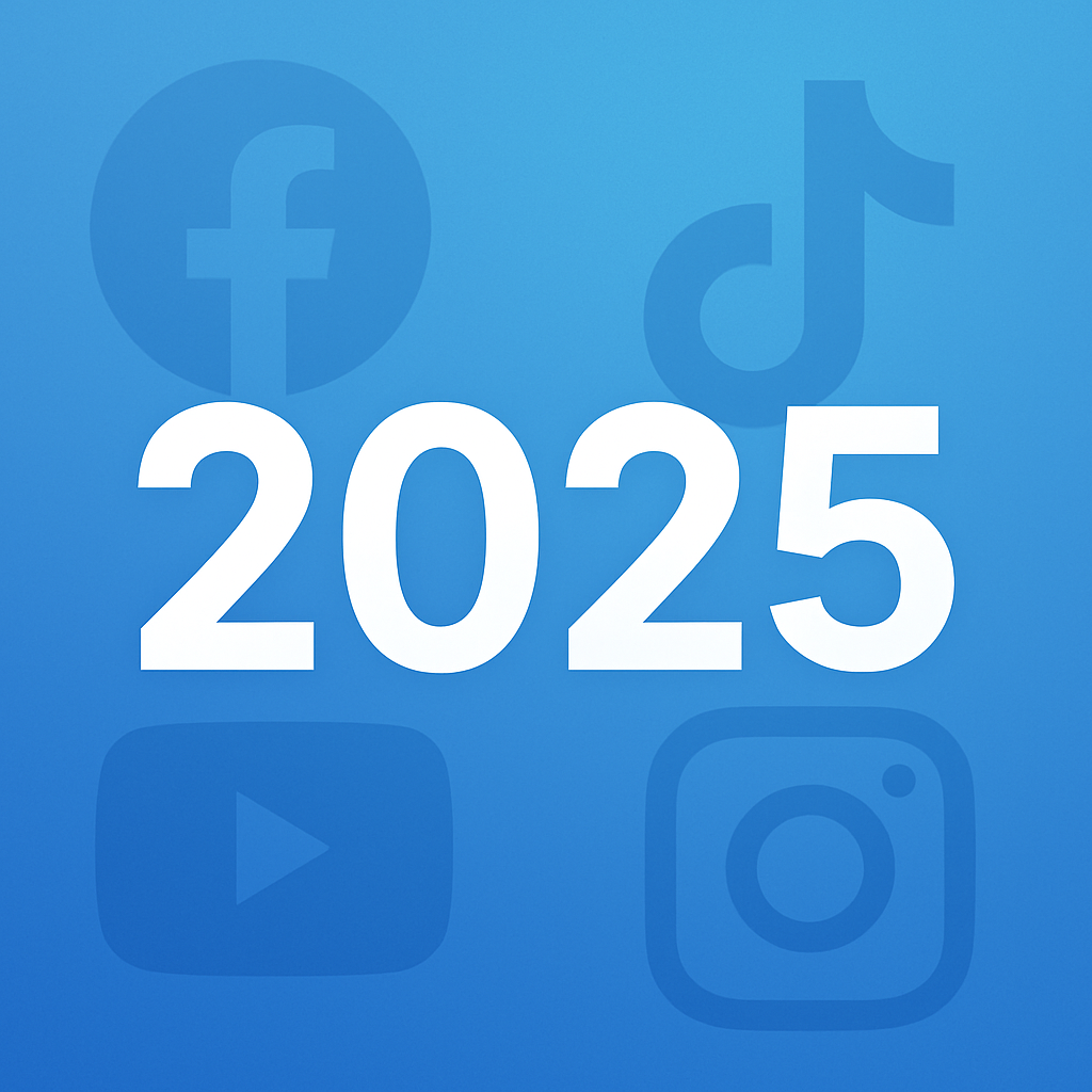 2025 텍스트가 중심에 배치된 푸른색 그라데이션 배경 이미지, 배경에는 페이스북, 틱톡, 유튜브, 인스타그램 로고가 흐리게 삽입됨
